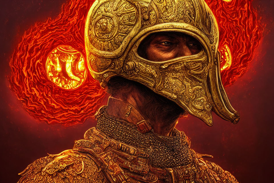 Person in Golden Helmet and Armor Against Fiery Swirling Backdrop