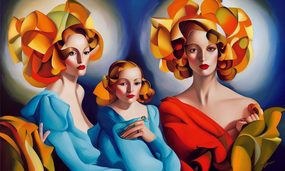 Vibrant painting of three stylized women with floral headpieces