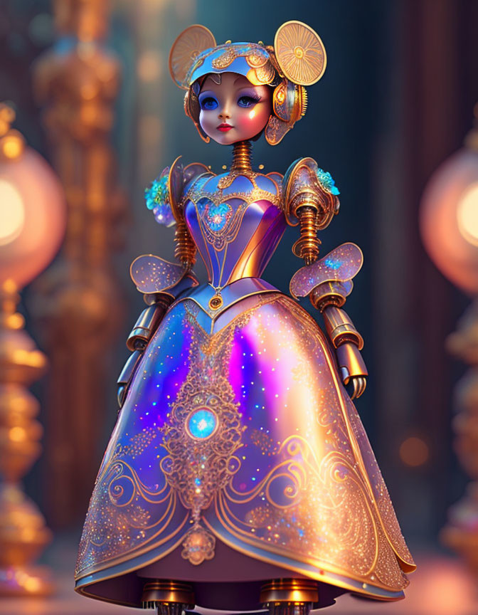 Detailed 3D illustration of robotic figure in cosmic dress