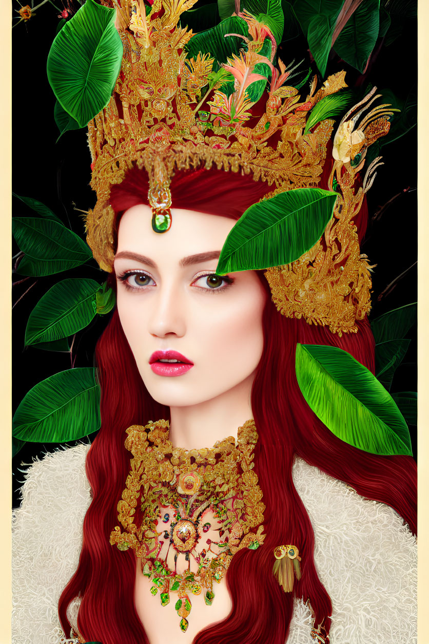 Detailed illustration of woman with red hair in golden headdress & necklace, amidst tropical leaves on black background