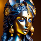 Sculpture with Golden and Blue Hues Featuring Figure in Ornate Headdress