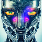 Detailed digital artwork of female face with cybernetic enhancements and glowing orange eyes