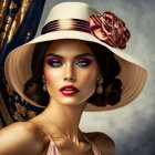 Stylish woman in wide-brimmed hat and gold earrings on golden backdrop