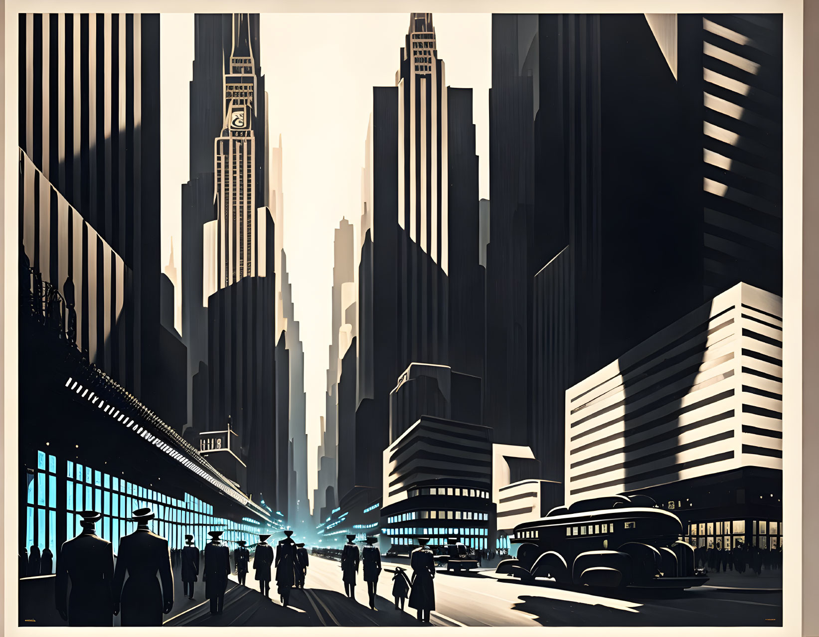 Monochrome cityscape art with tall buildings, pedestrians, and vintage cars