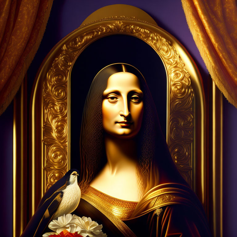 Stylized digital artwork of Mona Lisa with golden sheen, ornate frame, curtains, bird