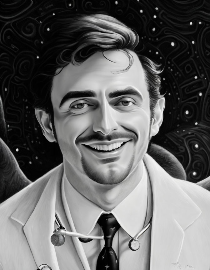 Monochromatic digital portrait of smiling man in lab coat with stethoscope