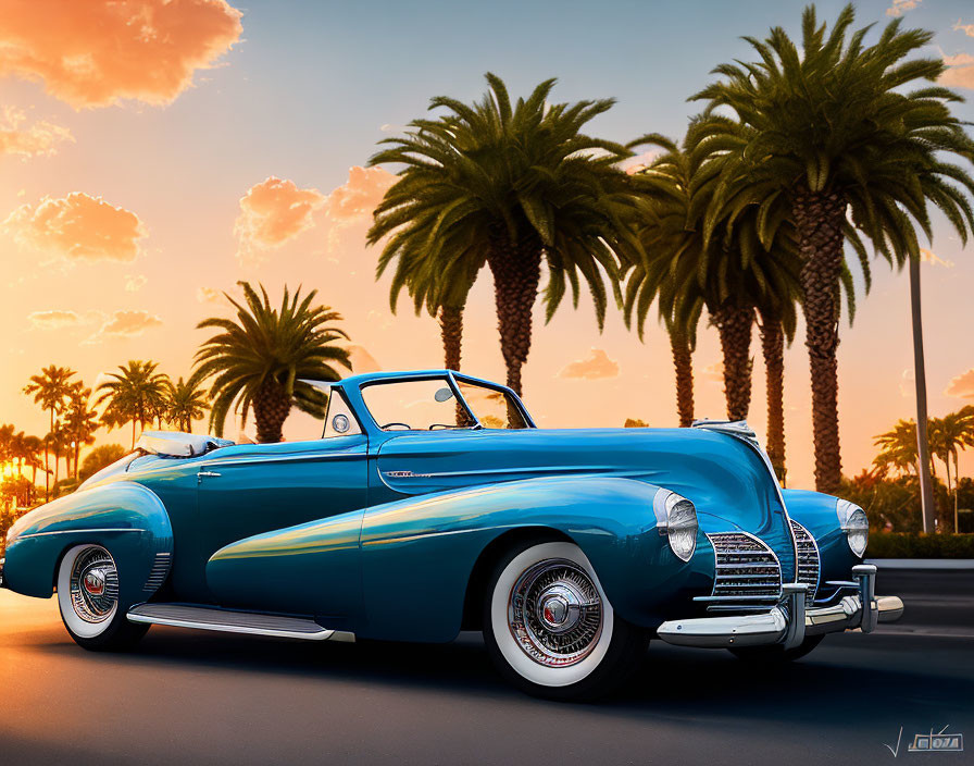 Blue Convertible Car Parked Under Palm-Lined Street at Sunset