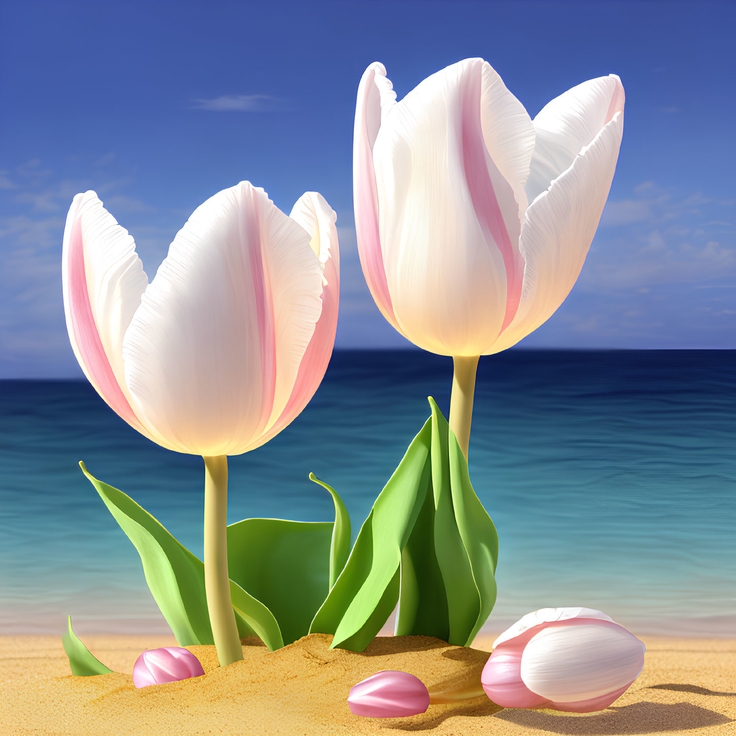 Pink and white tulips on sandy beach with fallen petals, green leaves, blue sky, and sea