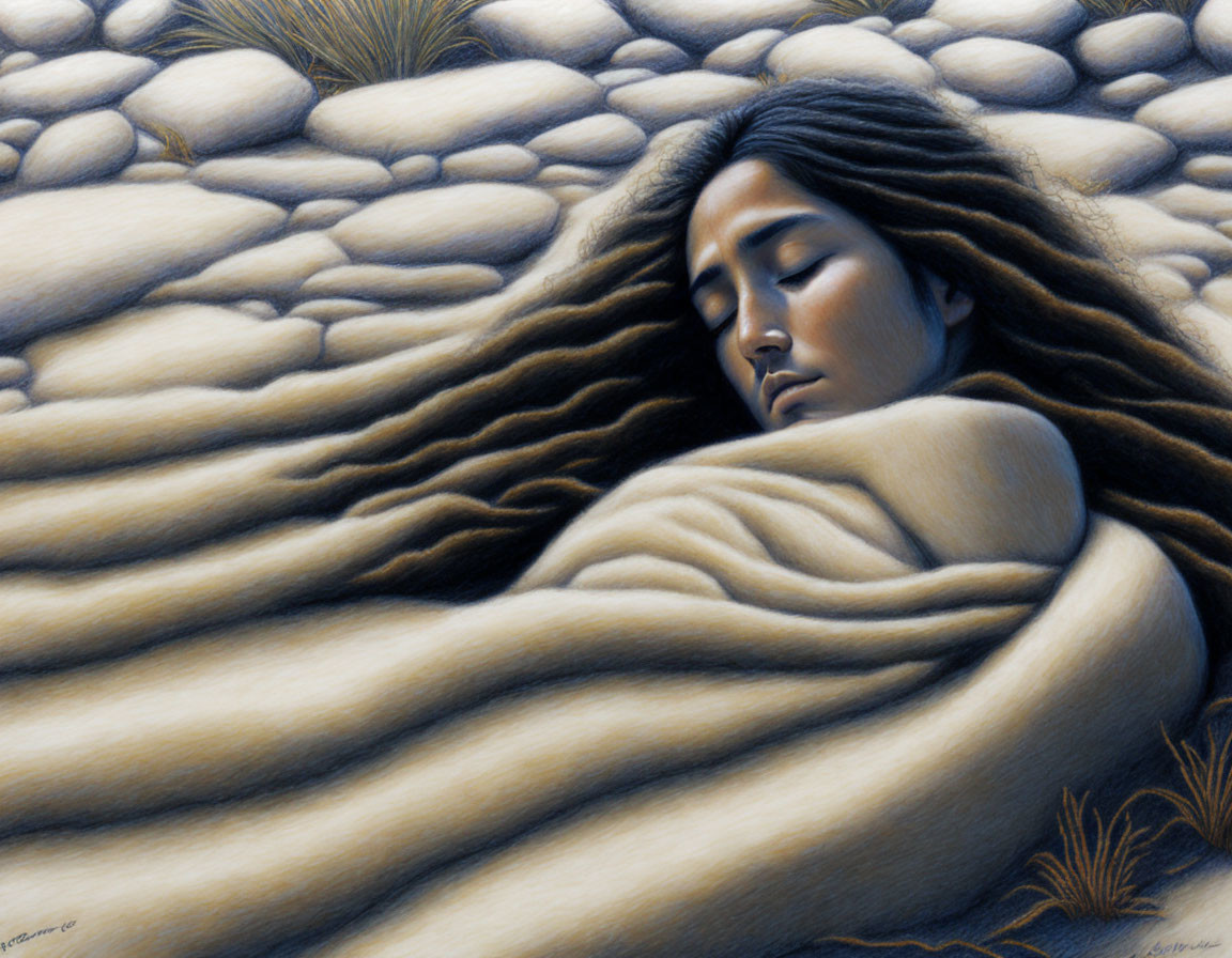 Surreal artwork: person merging with undulating landscape