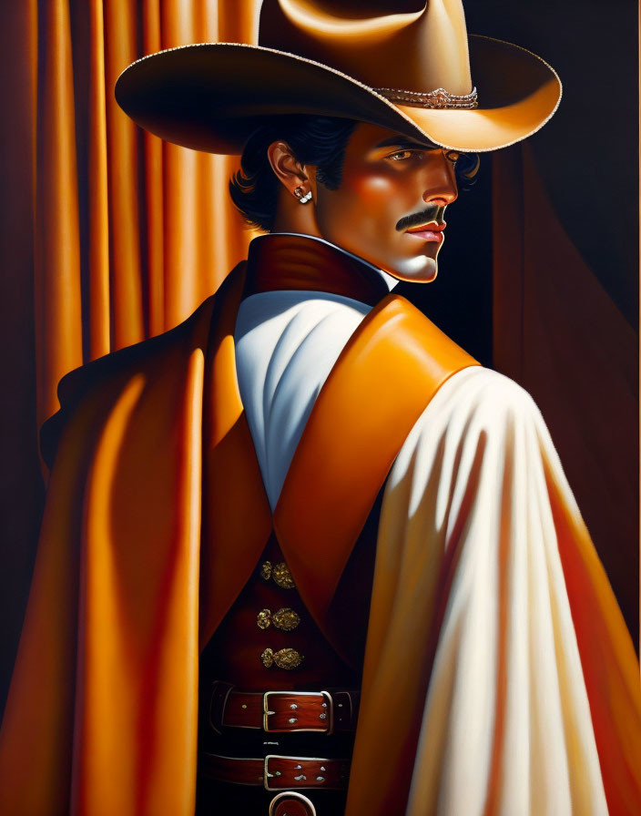 Portrait of a man in a large brimmed hat and cloak with warm colors