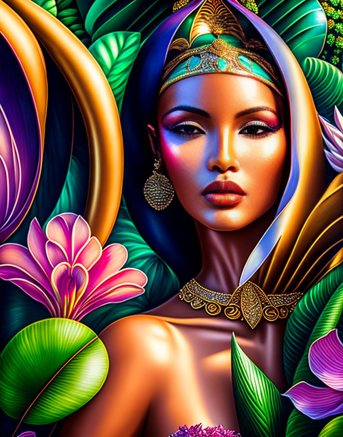 Woman with Exotic Jewelry in Vibrant Tropical Flora