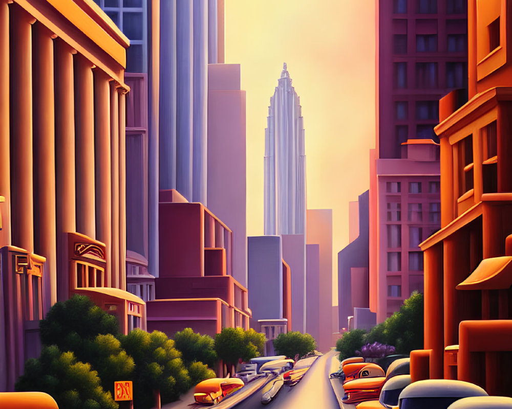 Cityscape at Sunset: Person Crossing Street, 1950s Cars, Skyscrapers -