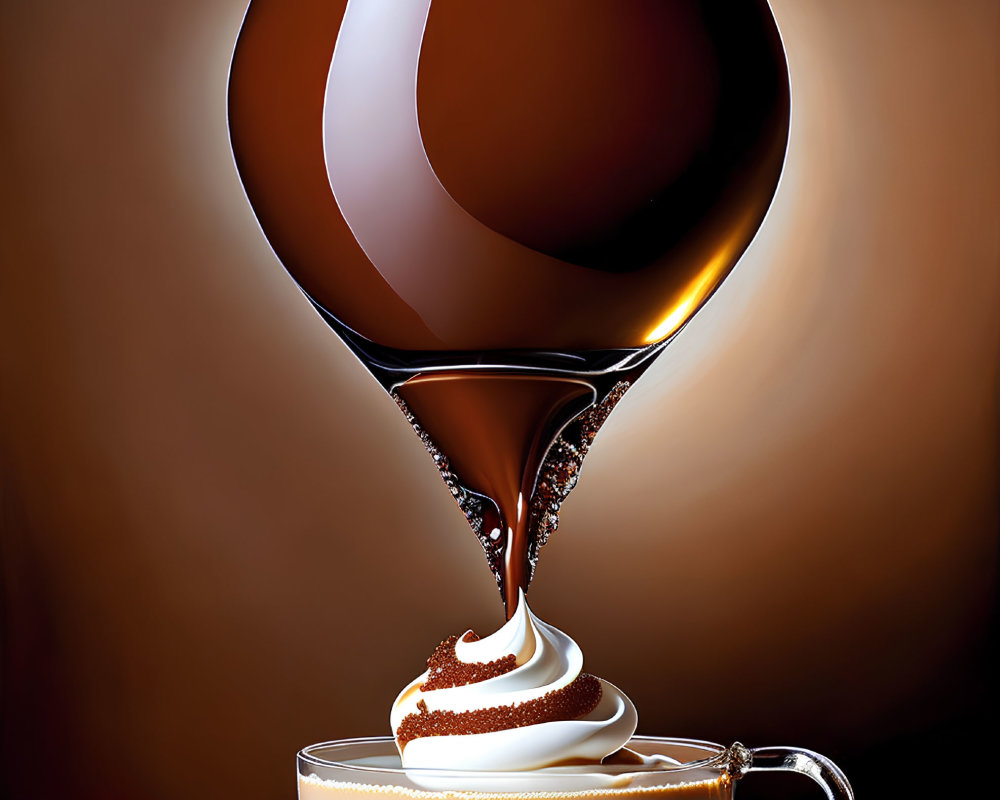 Stylized image: Glass of chocolate spills into smaller cup with cream