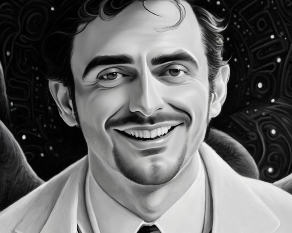 Monochromatic digital portrait of smiling man in lab coat with stethoscope