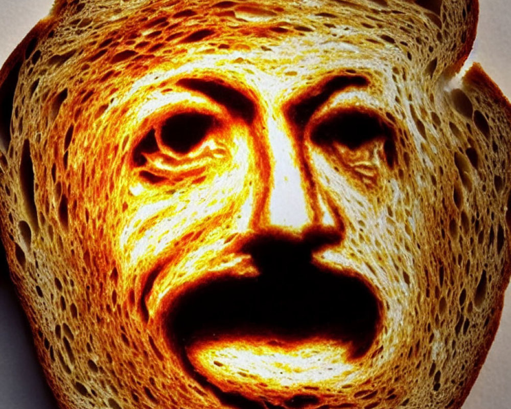 Digitally altered face on bread slice against light background