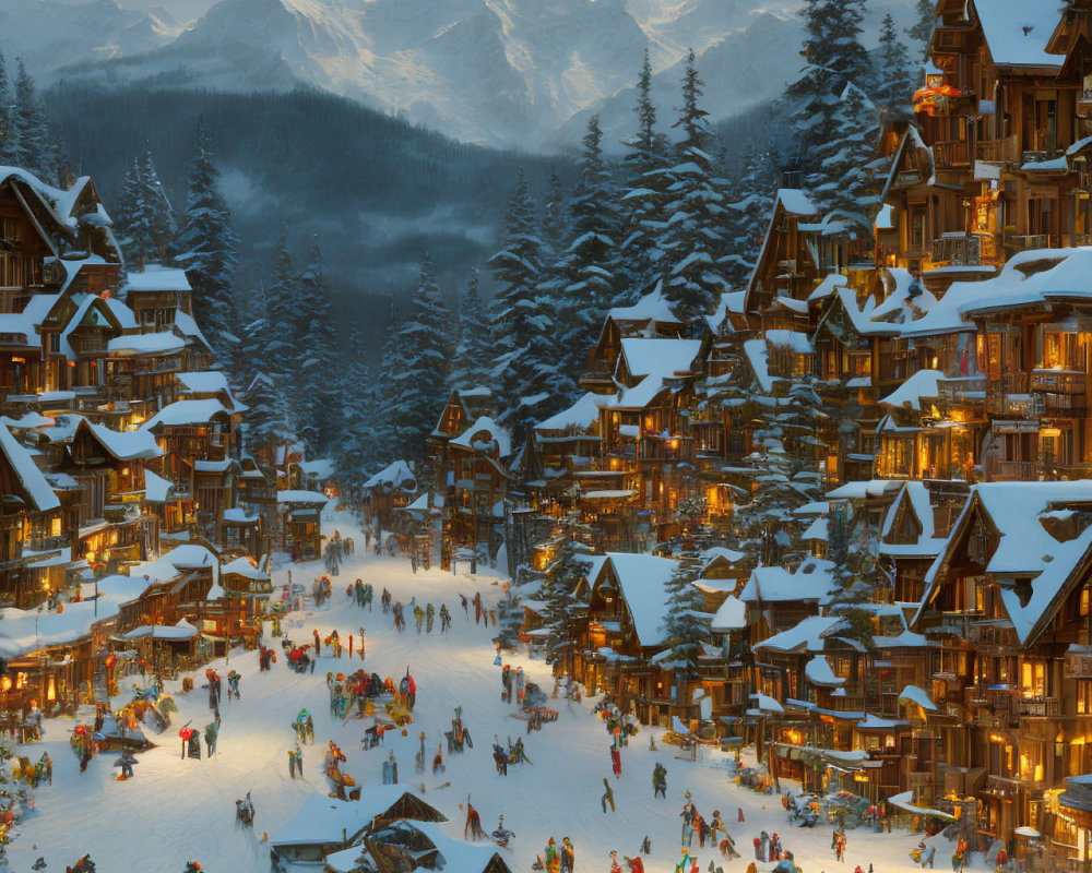 Snow-covered winter village with glowing sunset and mountains.