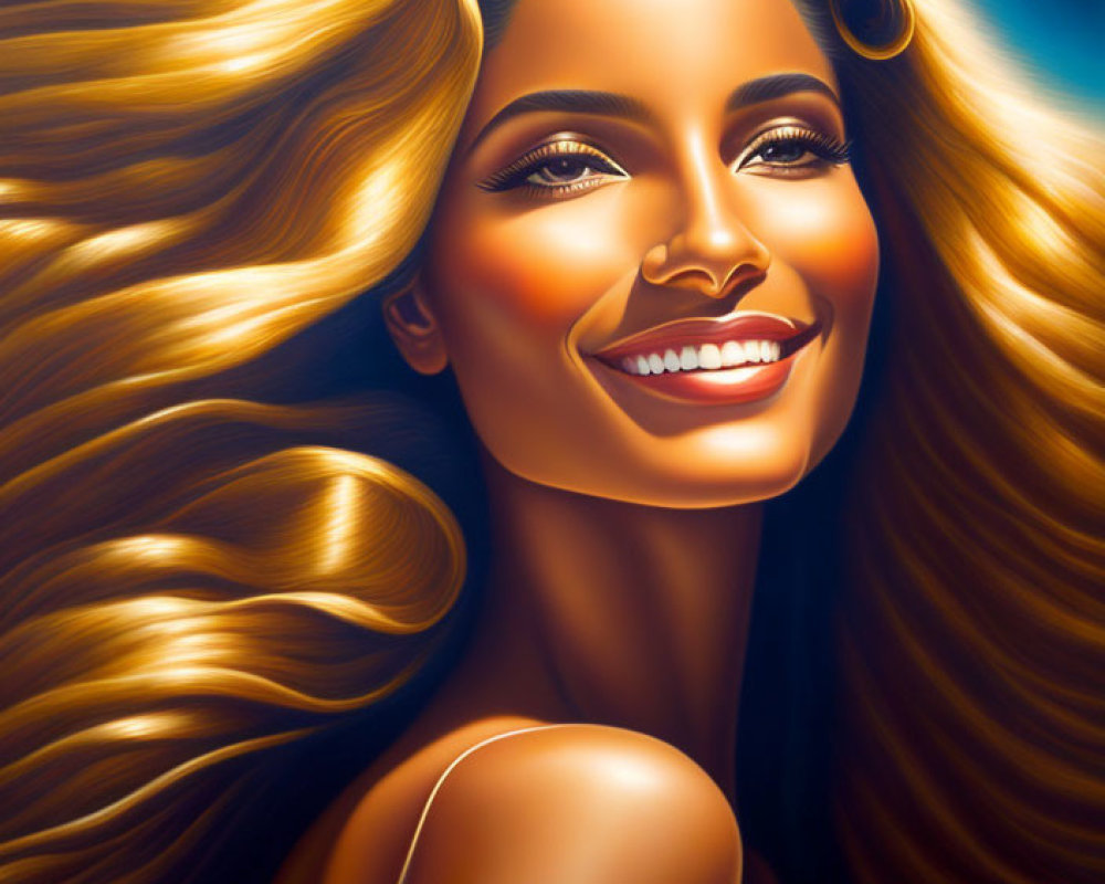 Smiling woman with golden hair in strapless top on blue background