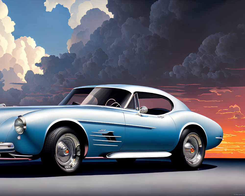 Classic Blue Sports Car with White Sidewall Tires in Sunset Scene