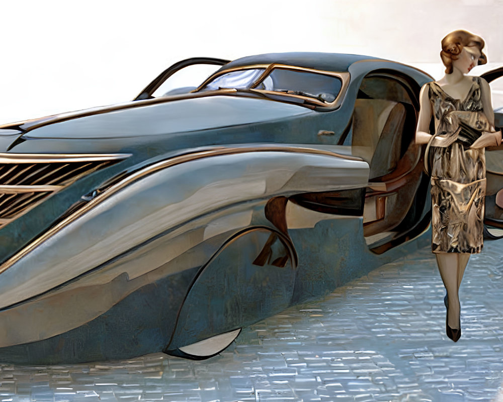 Vintage Attired Woman Exiting Futuristic Art Deco Car on Illuminated Background