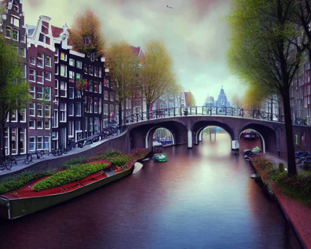 Amsterdam canal scene with boats, bridge, buildings, bicycles