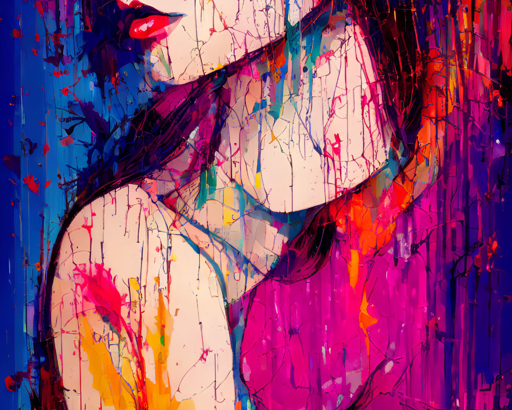 Colorful Abstract Portrait of Woman with Paint Splashes on Blue Background