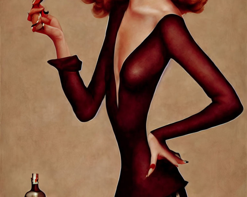 Stylized illustration of woman with dramatic makeup sipping cocktail