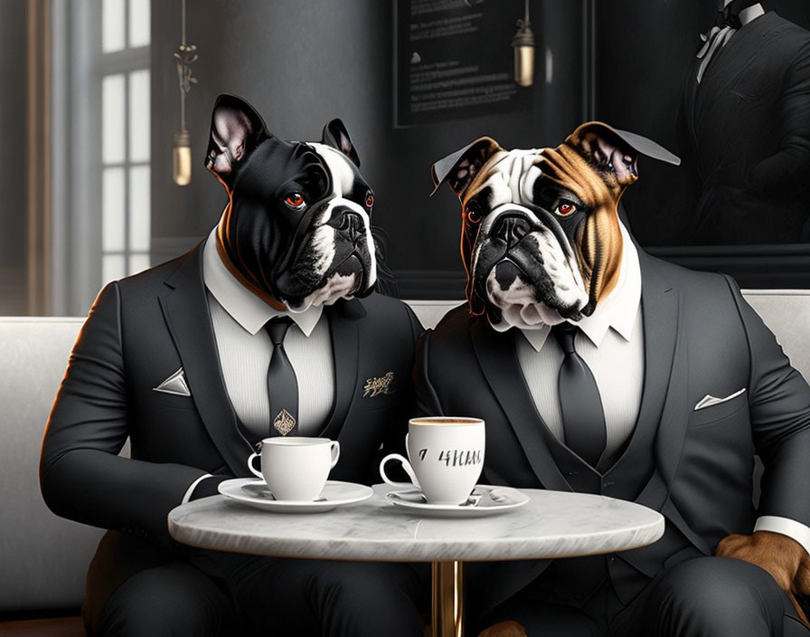 Anthropomorphic dogs in suits at cafe table with coffee