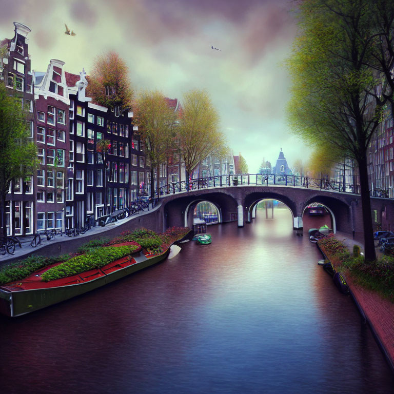 Amsterdam canal scene with boats, bridge, buildings, bicycles