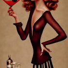 Stylized illustration of woman with dramatic makeup sipping cocktail