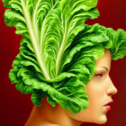 Surreal image of woman's profile with lettuce hair on red background