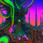 Colorful fractal landscape with alien plant structures against magenta and turquoise sky