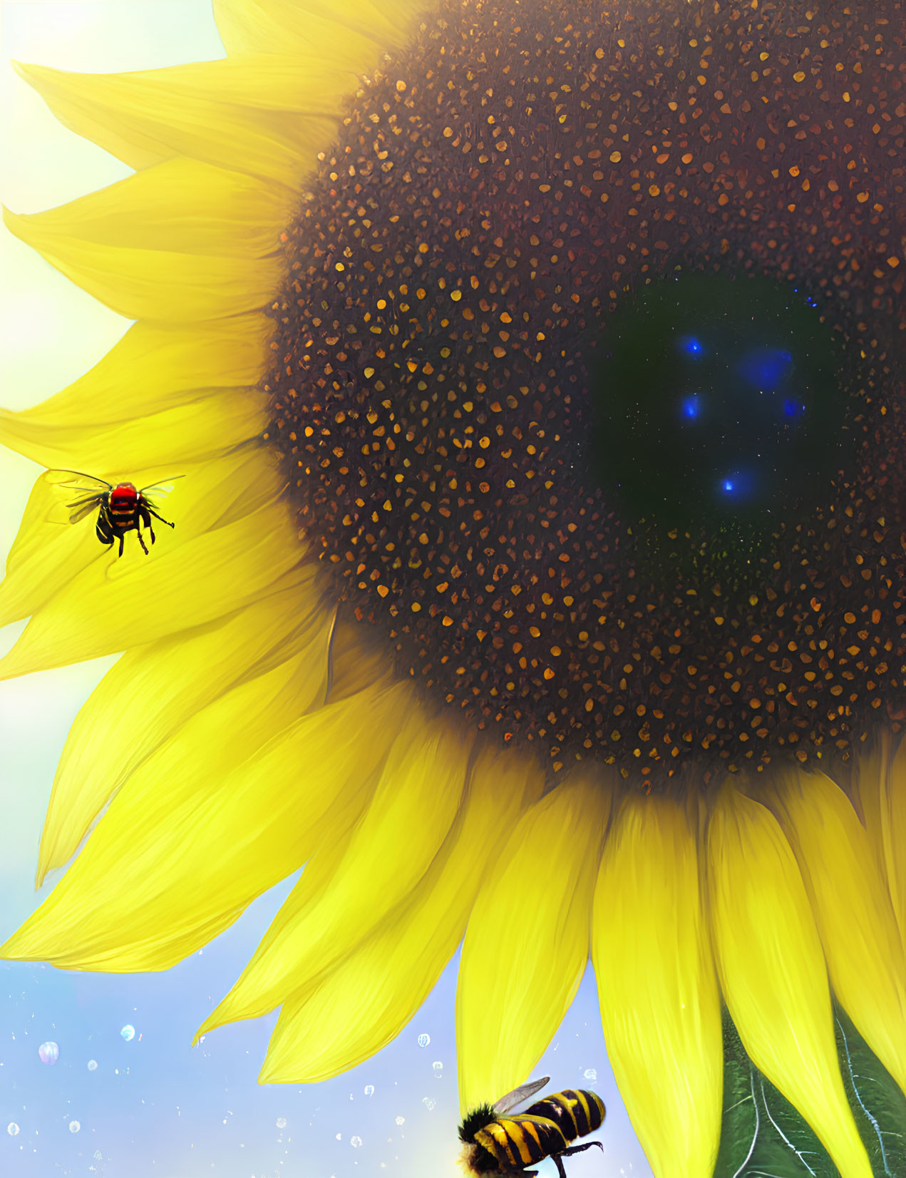 Vibrant sunflower with cosmic pattern, ladybug, and bee in digital image