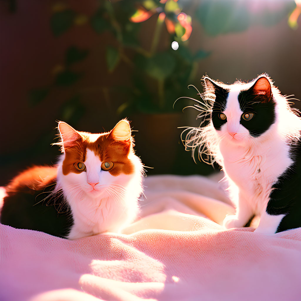 Two cats with white and ginger patches on a blanket under warm lighting