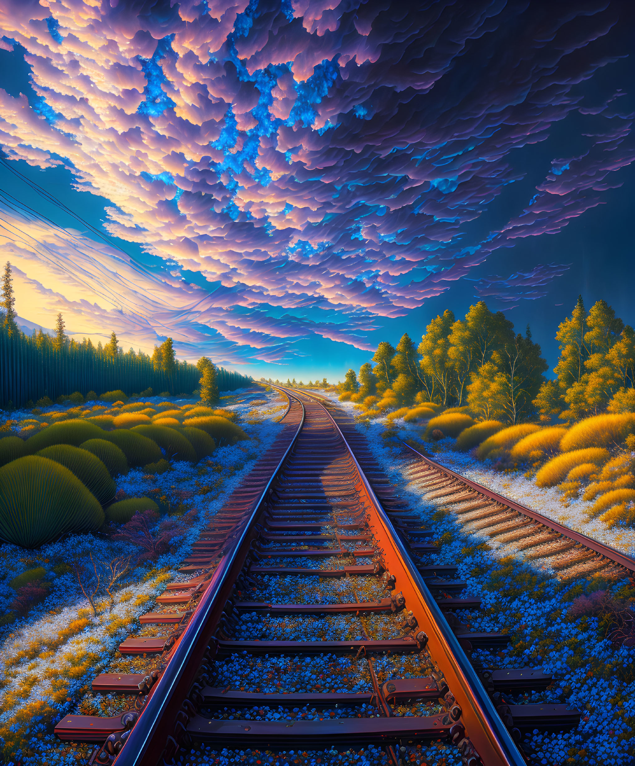 Surreal landscape with railway under textured sky