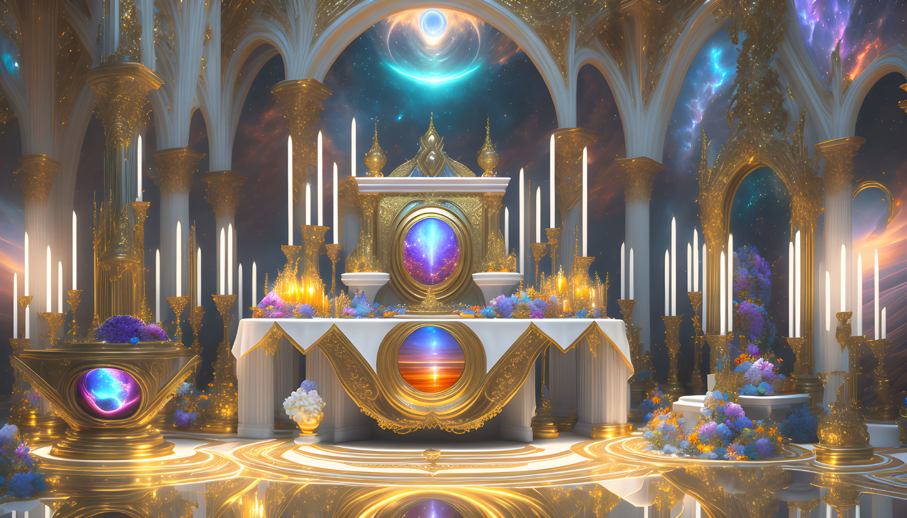 Fantastical Hall with Golden Arches and Celestial Altar