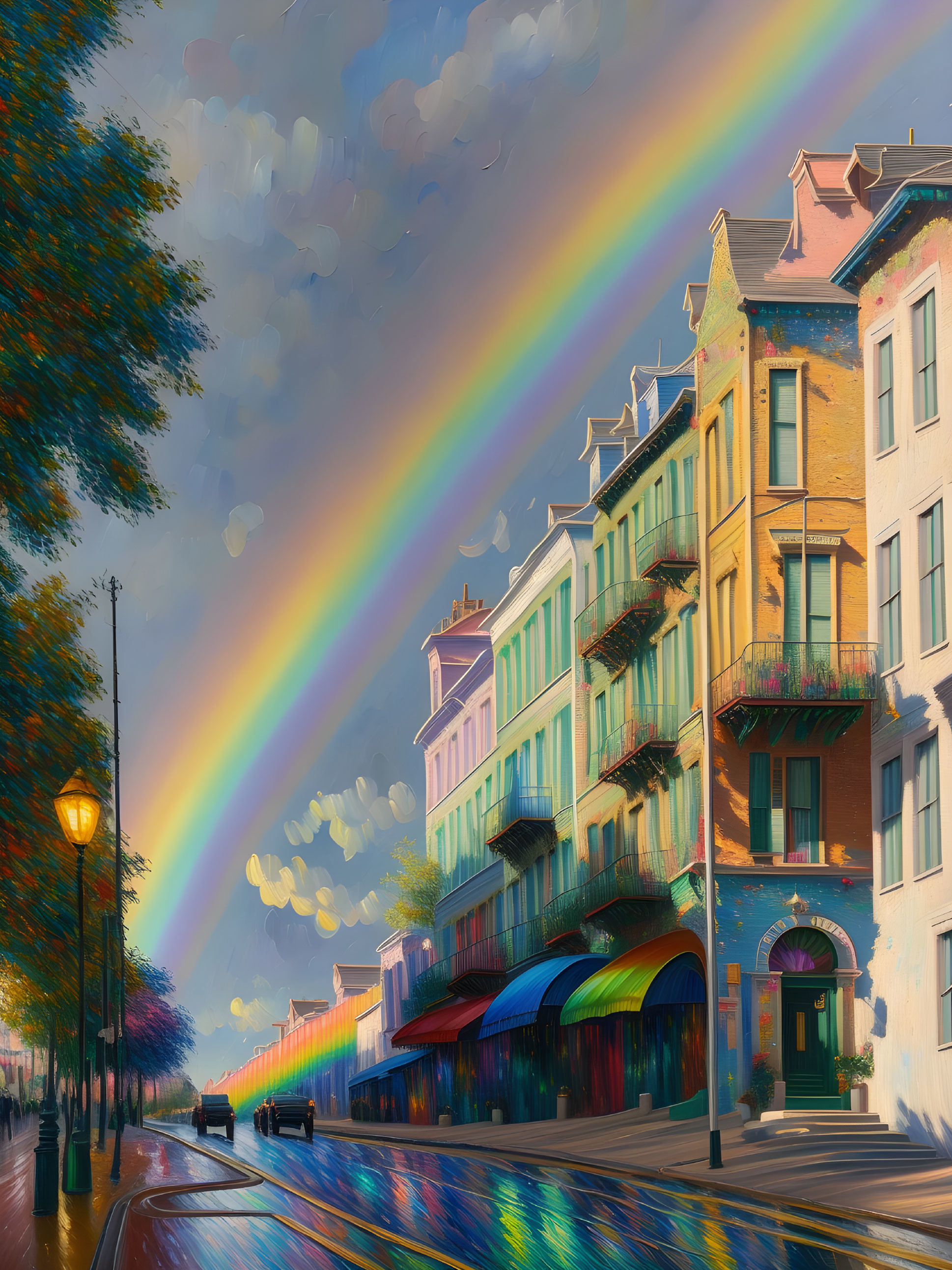 Colorful street scene with double rainbow and whimsical clouds