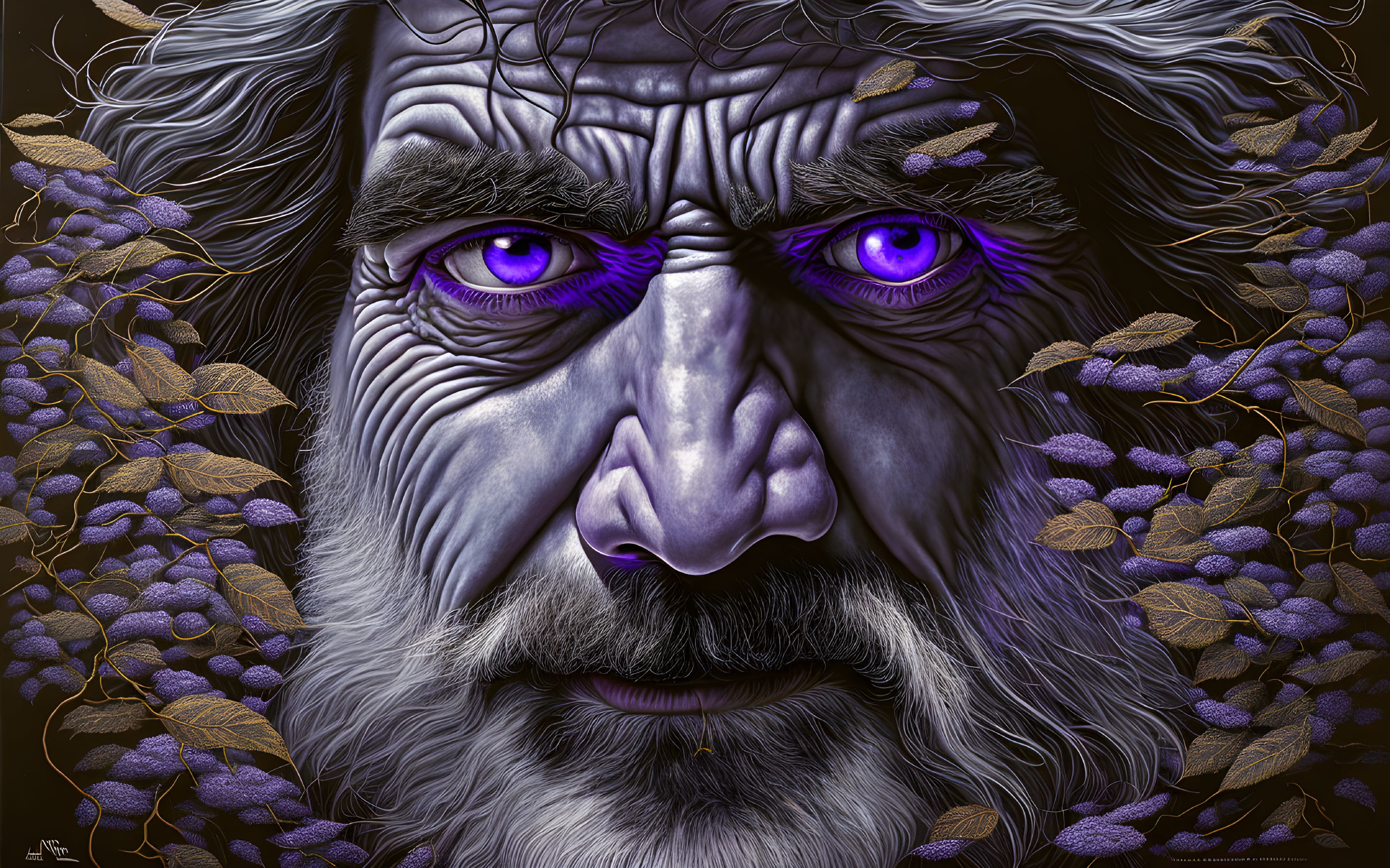 Surrealist digital portrait of a man with purple eyes and golden leaves on dark violet background