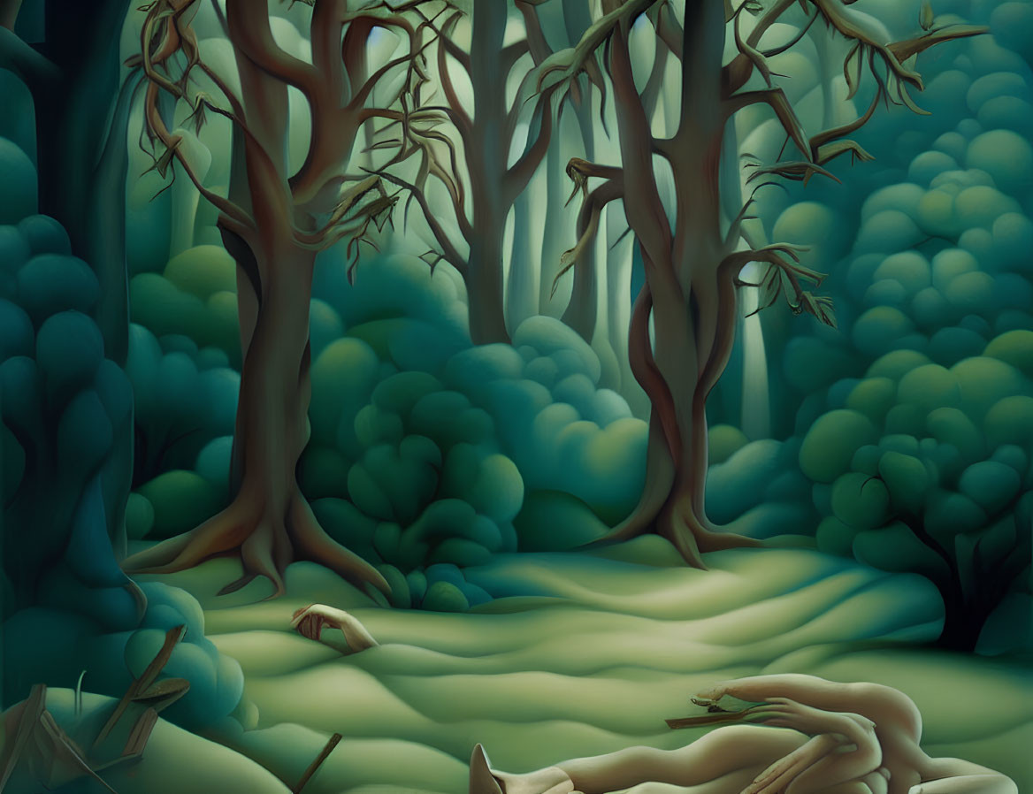 Surreal forest scene with twisted trees and green foliage