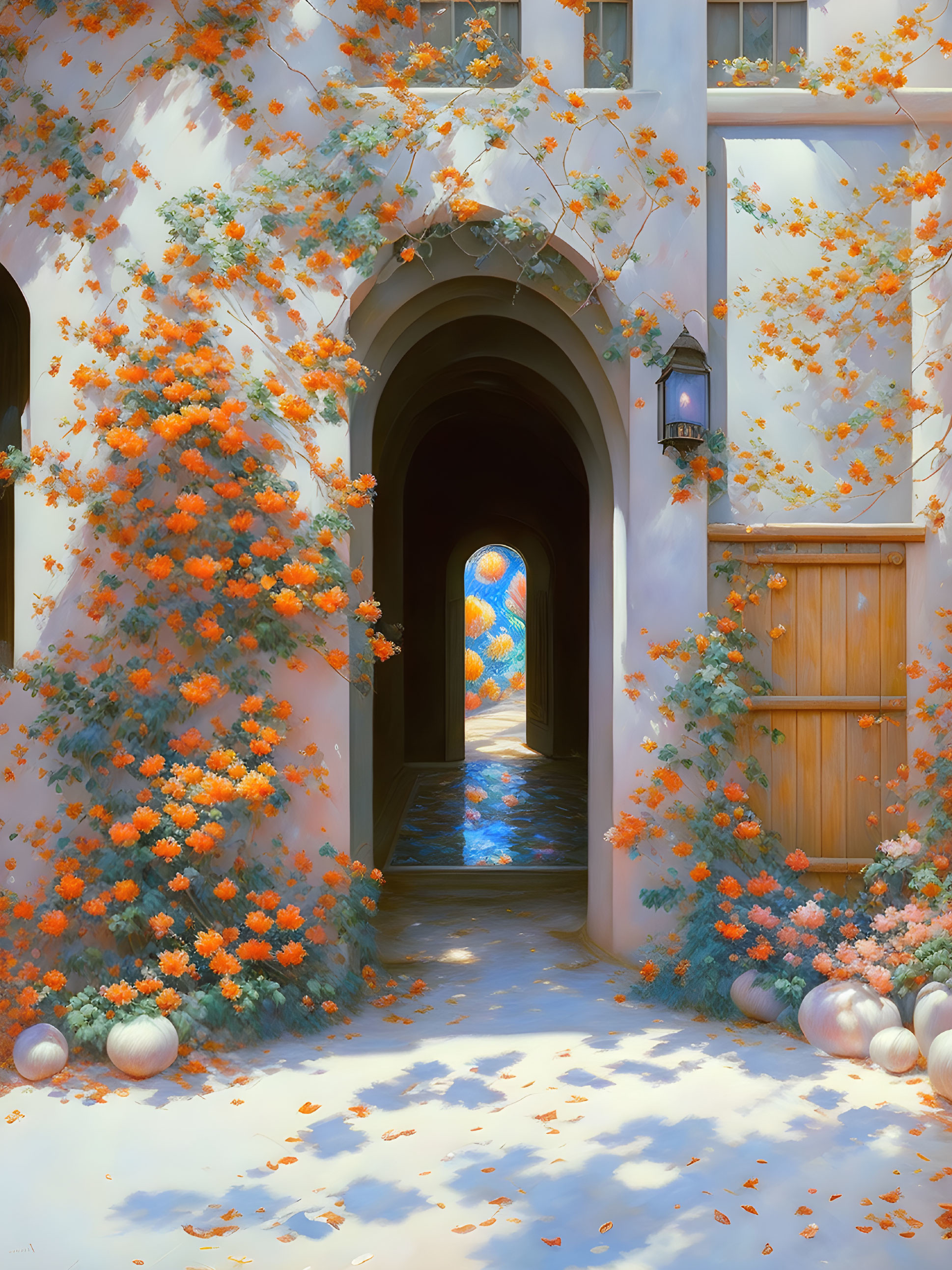 Vibrant Orange Flowers Frame Archway to Blue Mosaic Courtyard