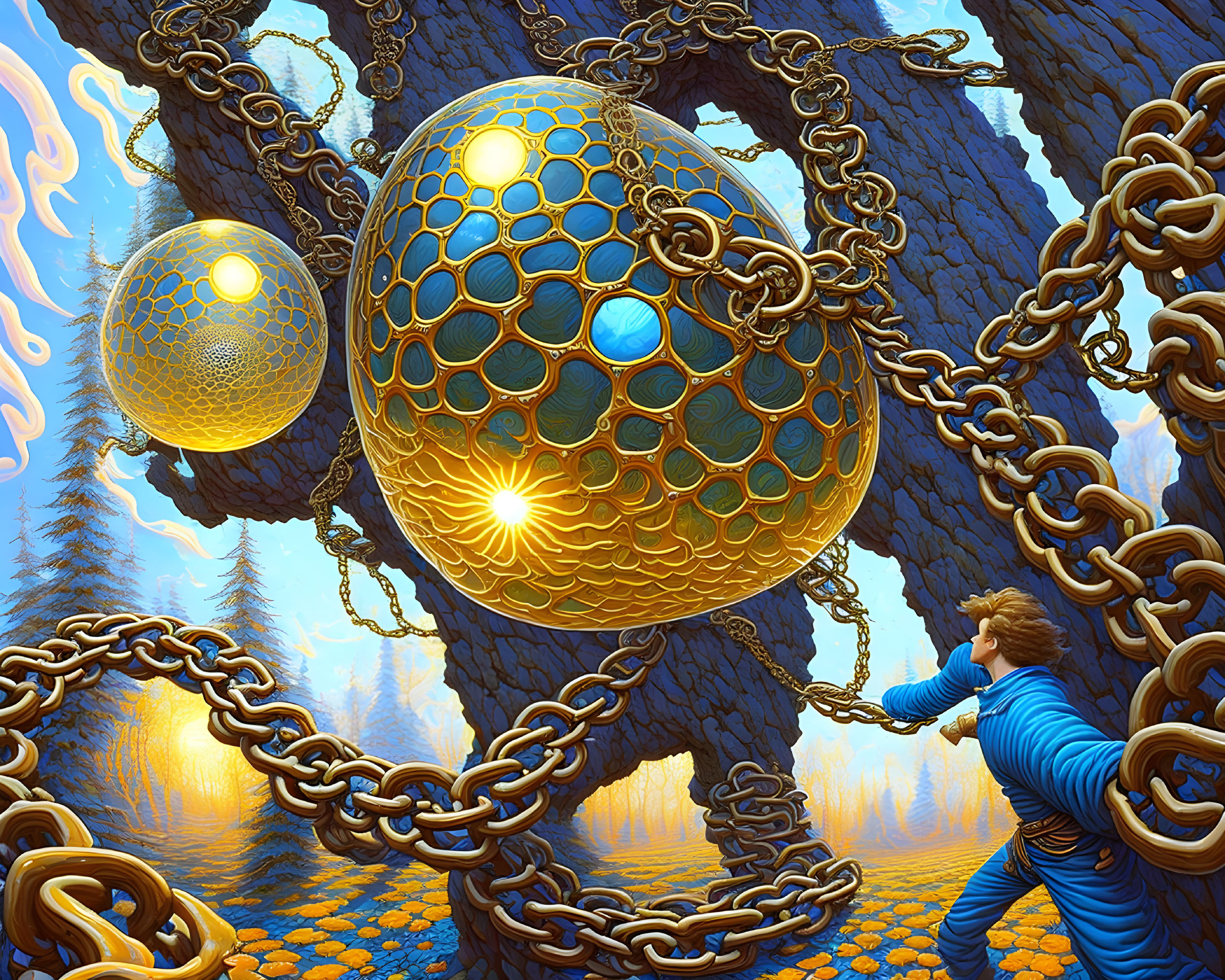 Person in Blue Suit Pushes Against Massive Golden Orbs in Mystical Forest