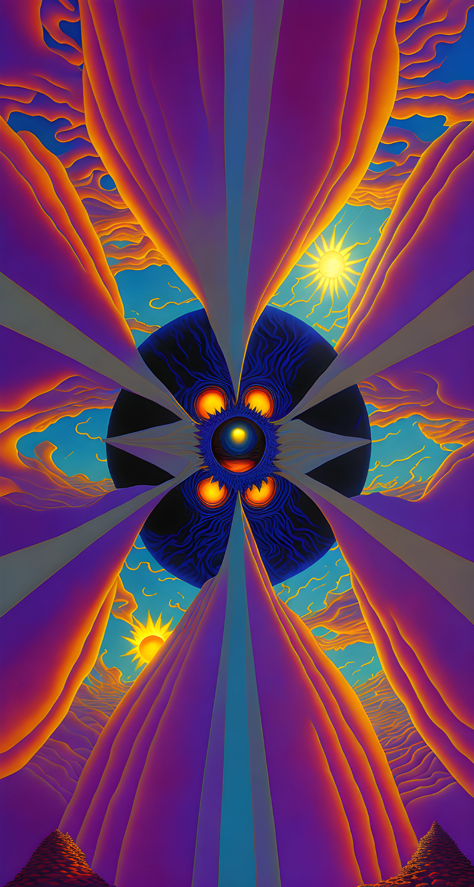 Symmetrical psychedelic art with central eye motif, orange clouds, blue waves, suns, and dark