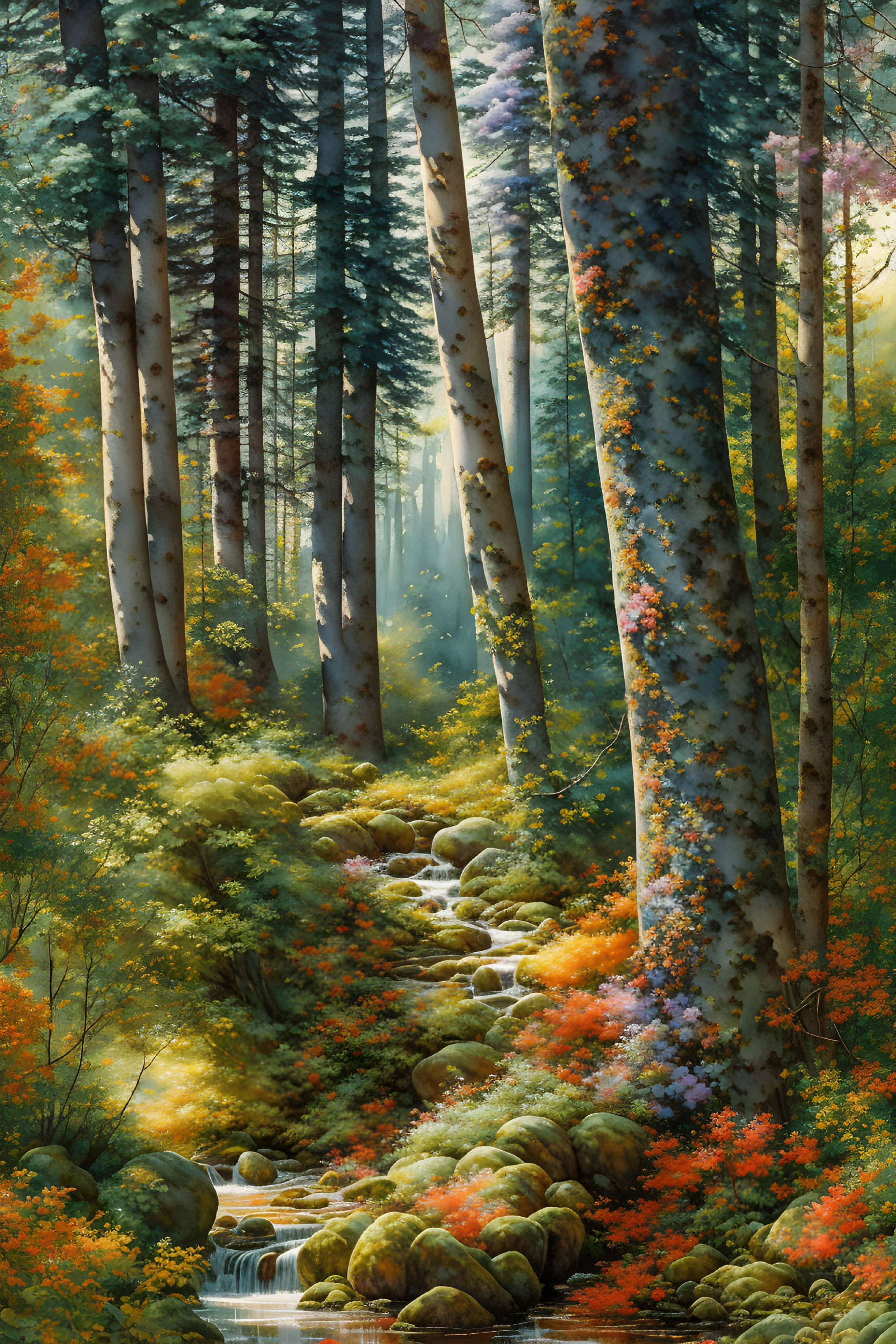 Forest stream in autumn sunlight with vibrant foliage