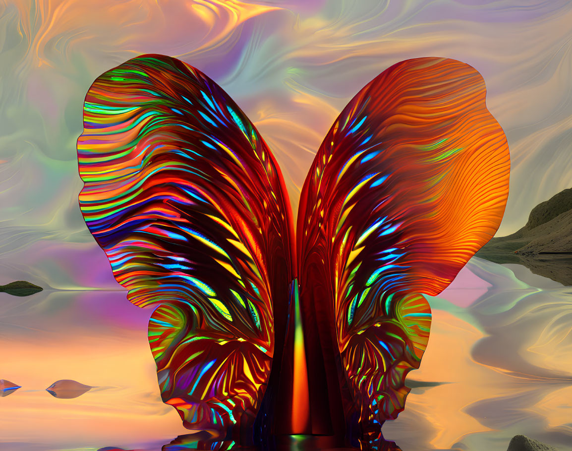 Vibrant iridescent butterfly structure in desert landscape