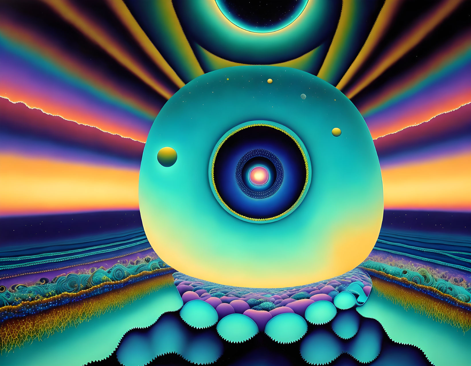 Colorful surreal digital artwork: Eye-like sphere with rings in vibrant setting