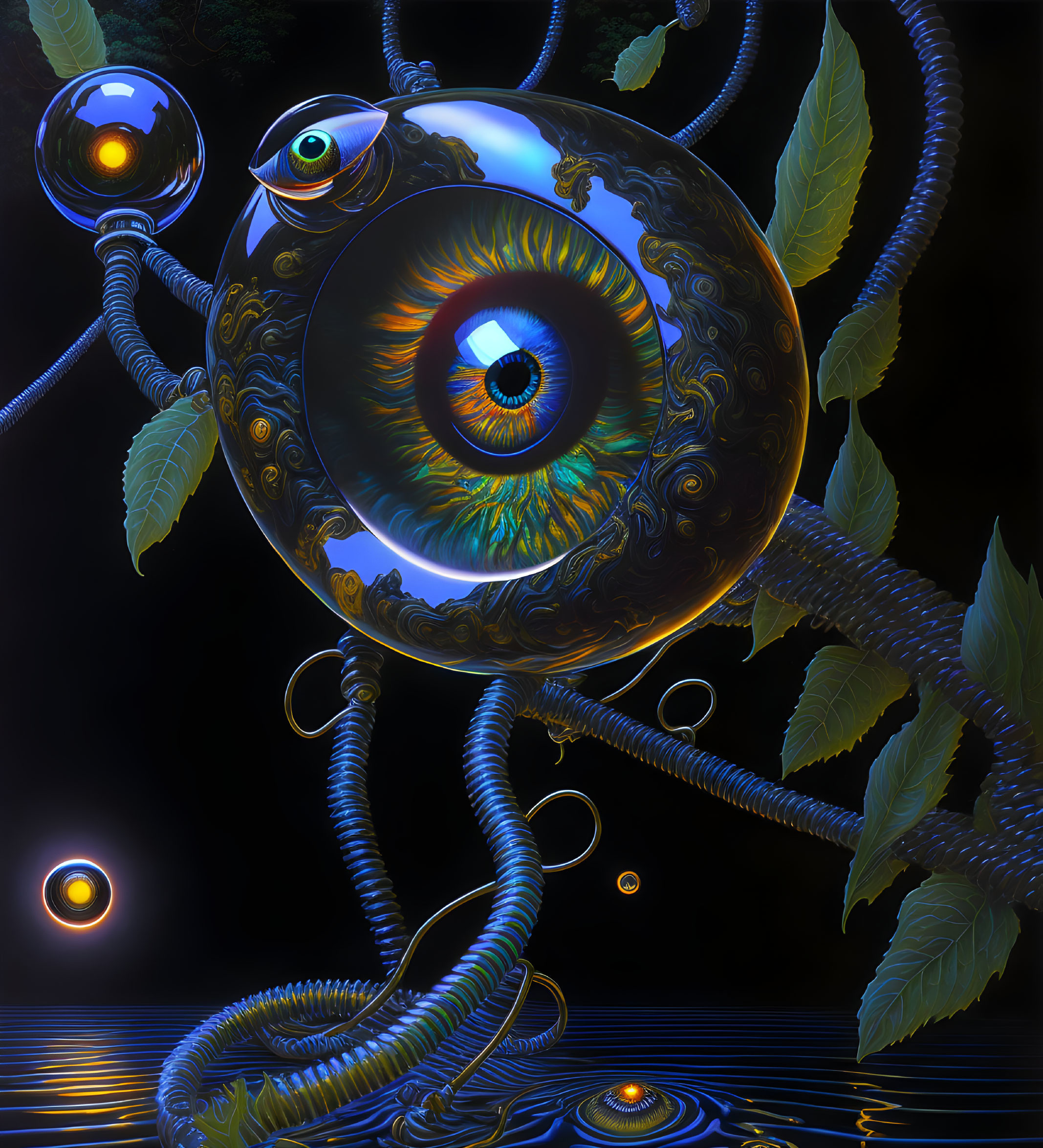 Surreal mechanical tentacles and eyes around a central eye with intricate patterns on dark background with leaf