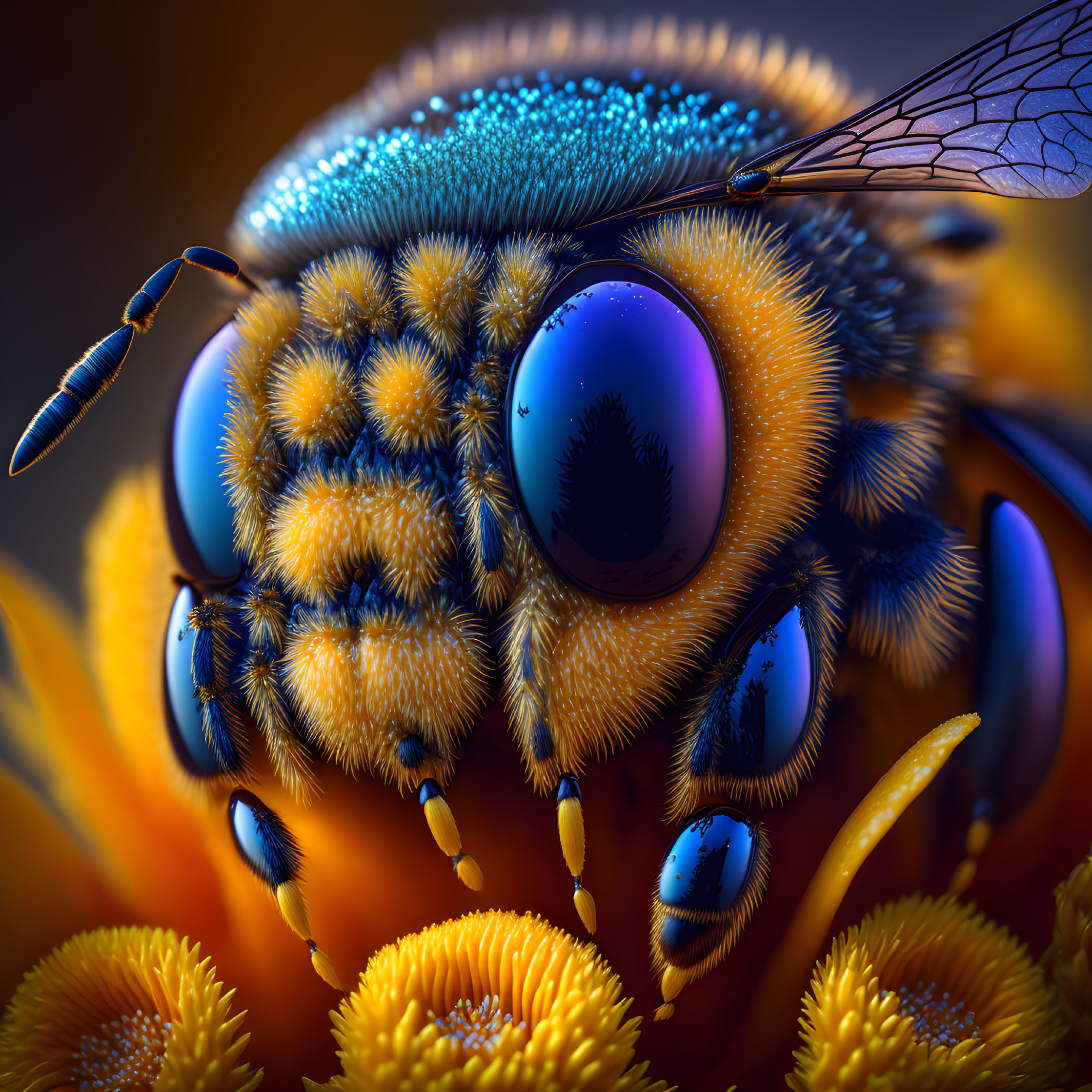 Detailed Close-Up of Bee with Blue and Yellow Fuzz on Orange Flora