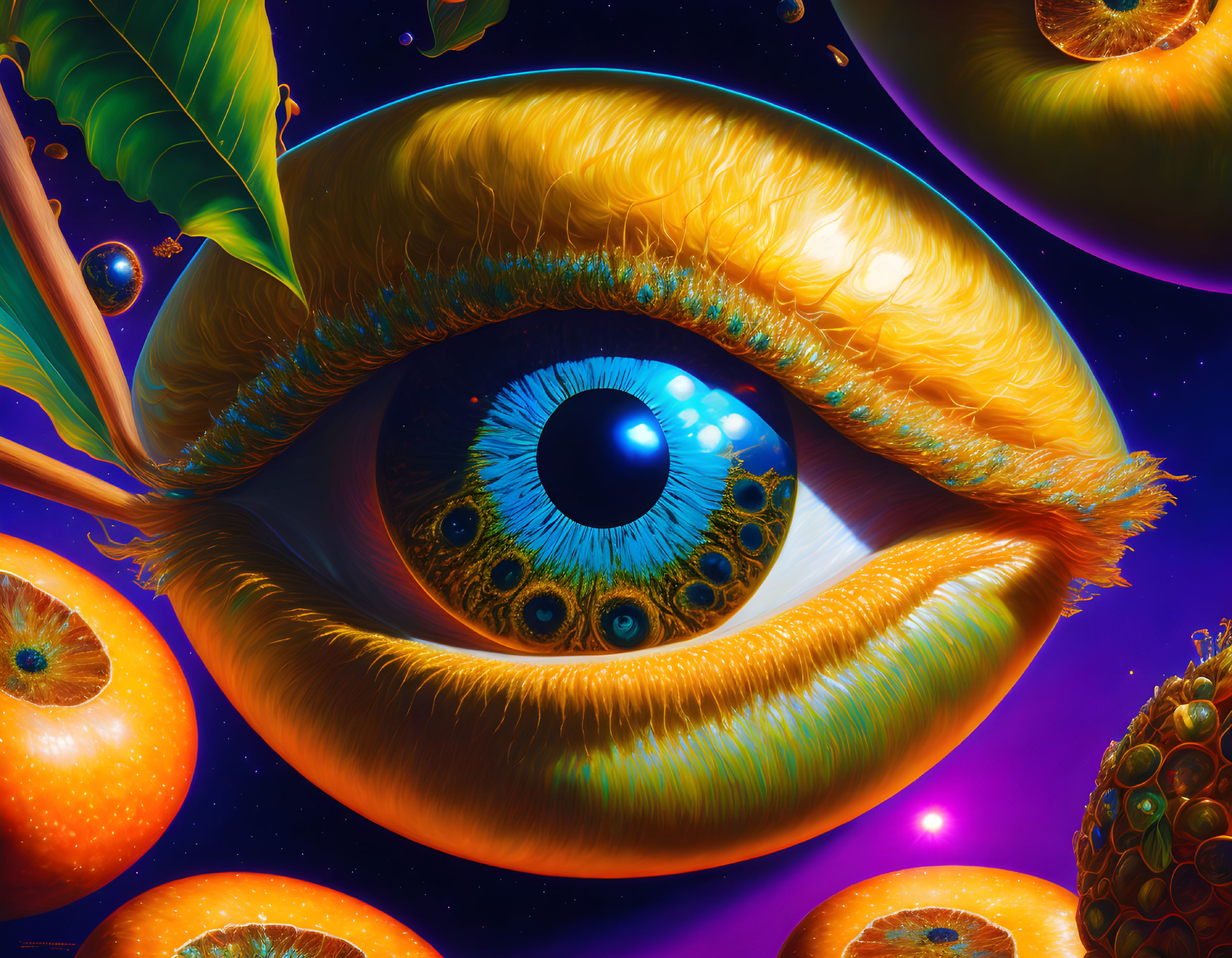 Detailed illustration of large eye with surreal fruit orbs in cosmic background