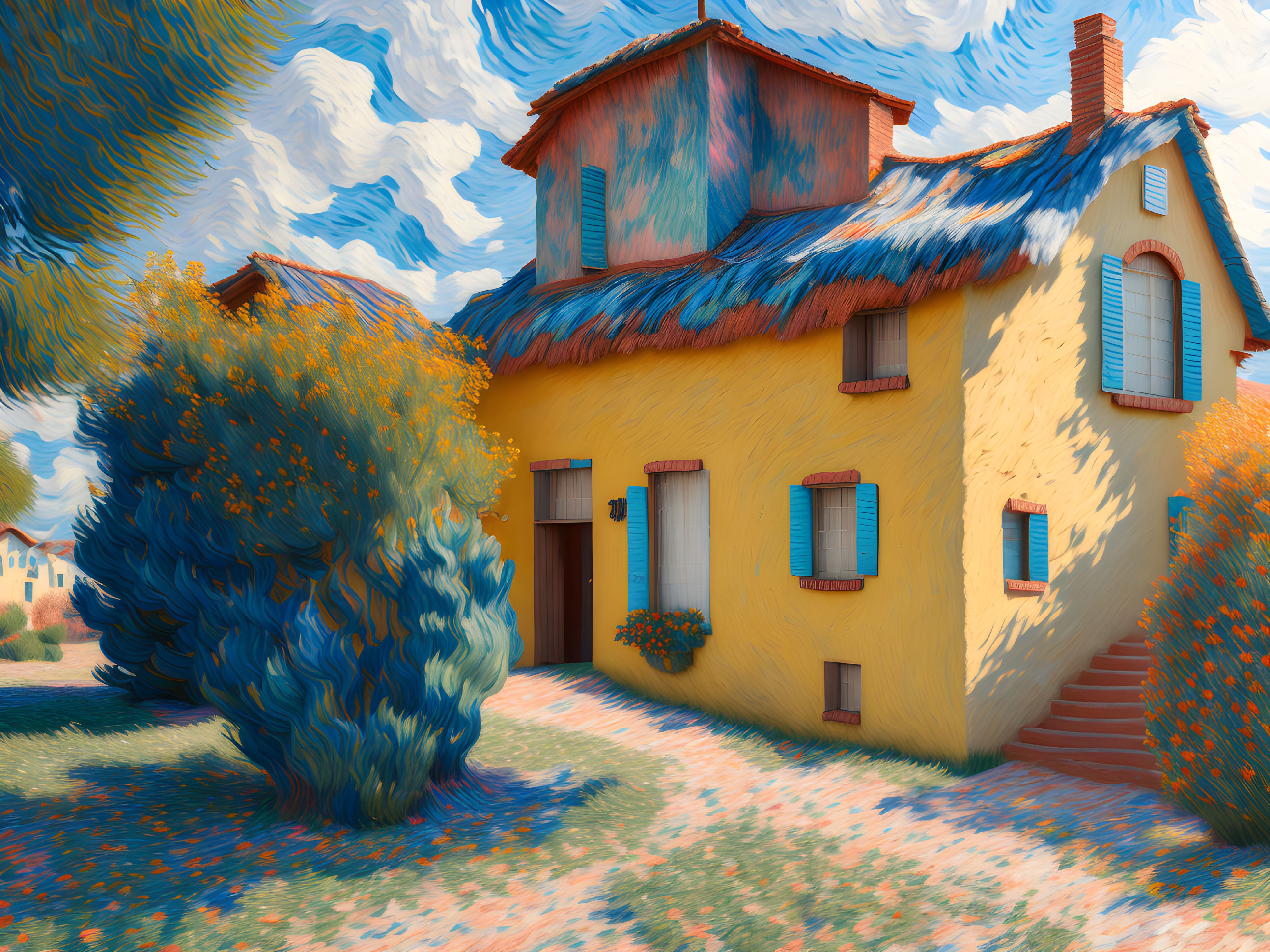 Vibrant Digital Painting of Yellow House with Blue Shutters