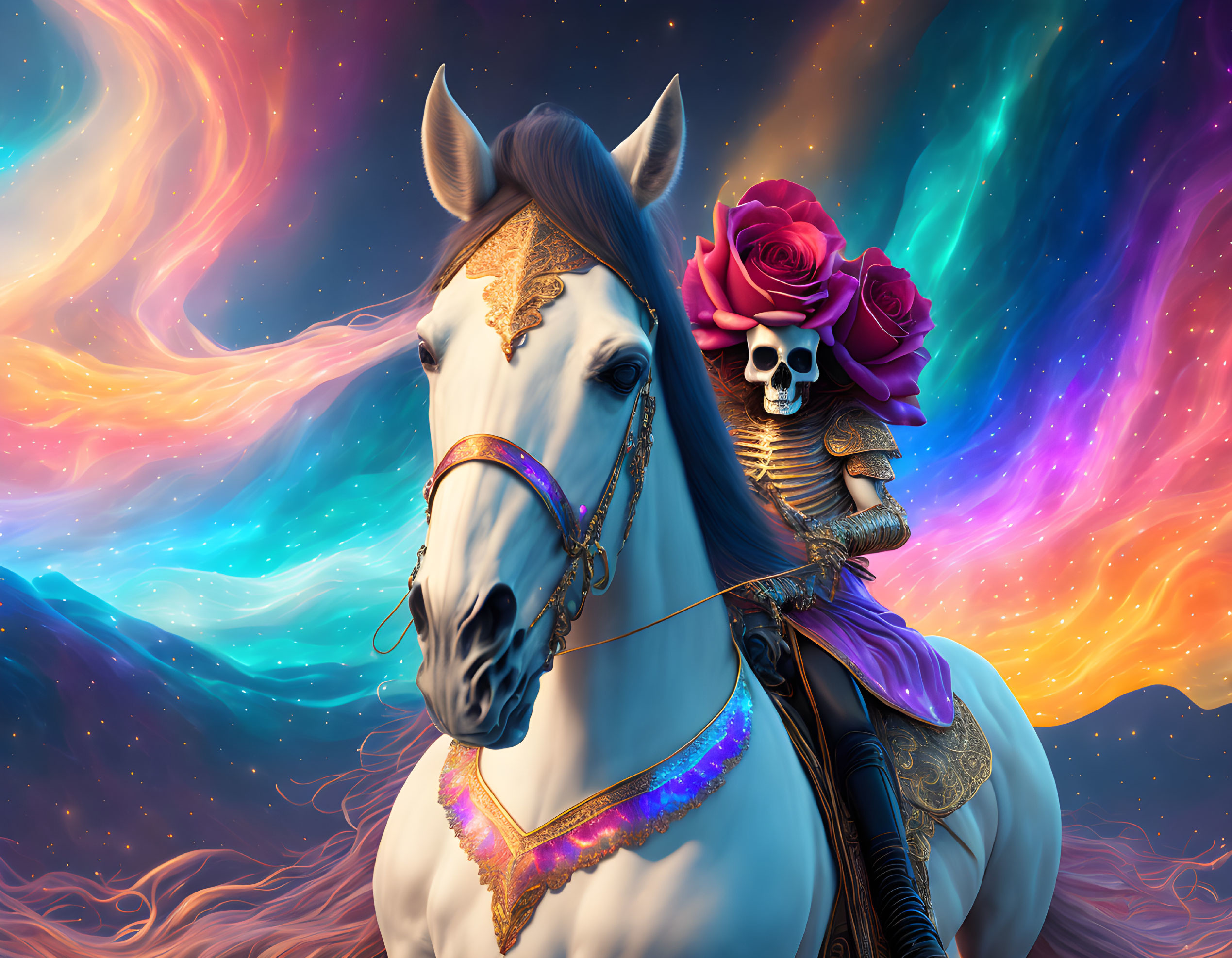 White Horse with Decorative Bridle and Skeleton in Floral Hat and Traditional Attire Against Cosmic Backdrop