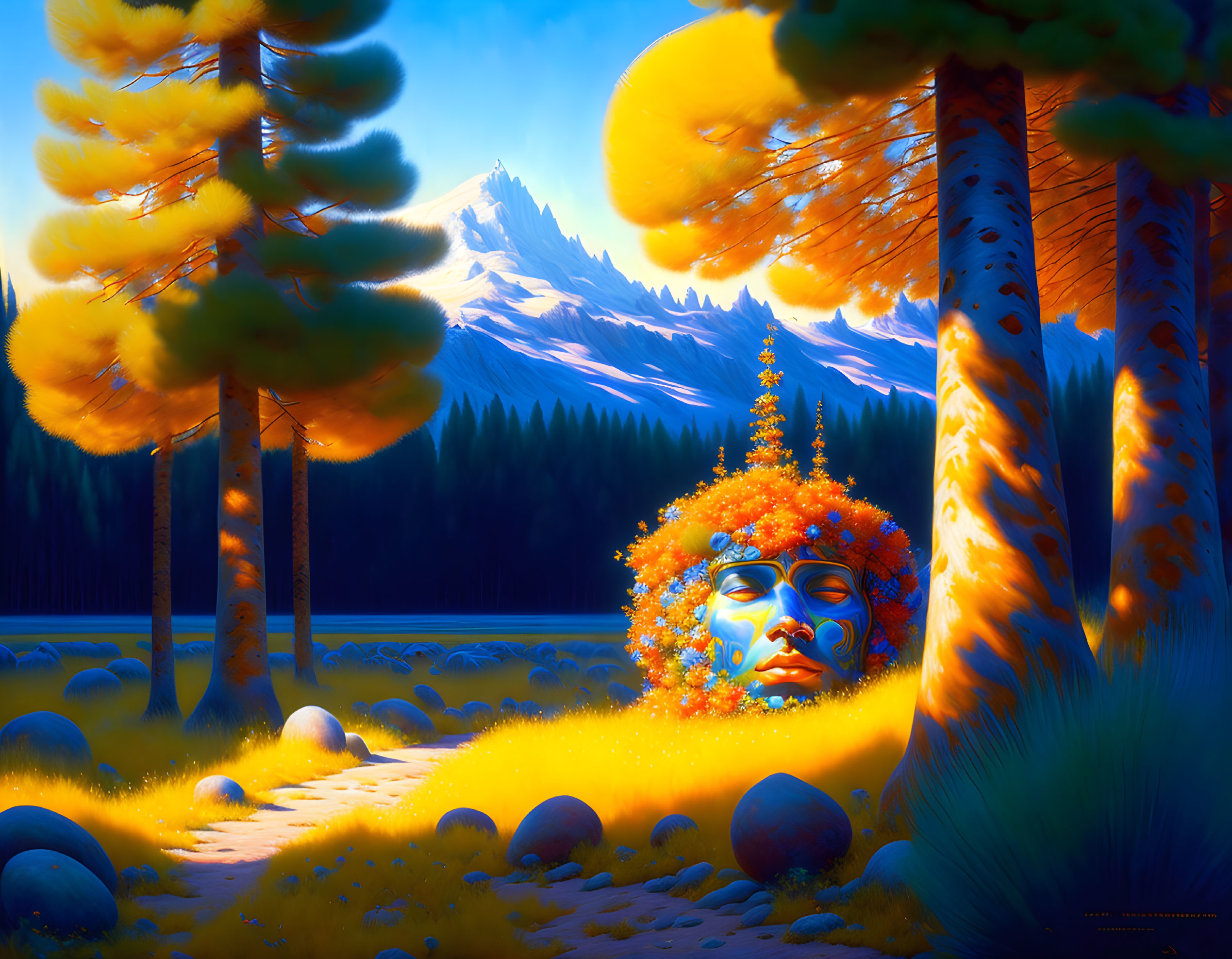 Colorful forest scene with mystical face in snowy mountains